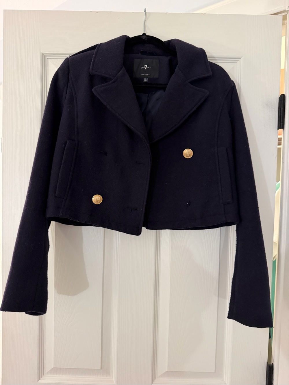 7 For All Mankind Navy Cropped Double-Breasted Pea Coat with Gold Buttons